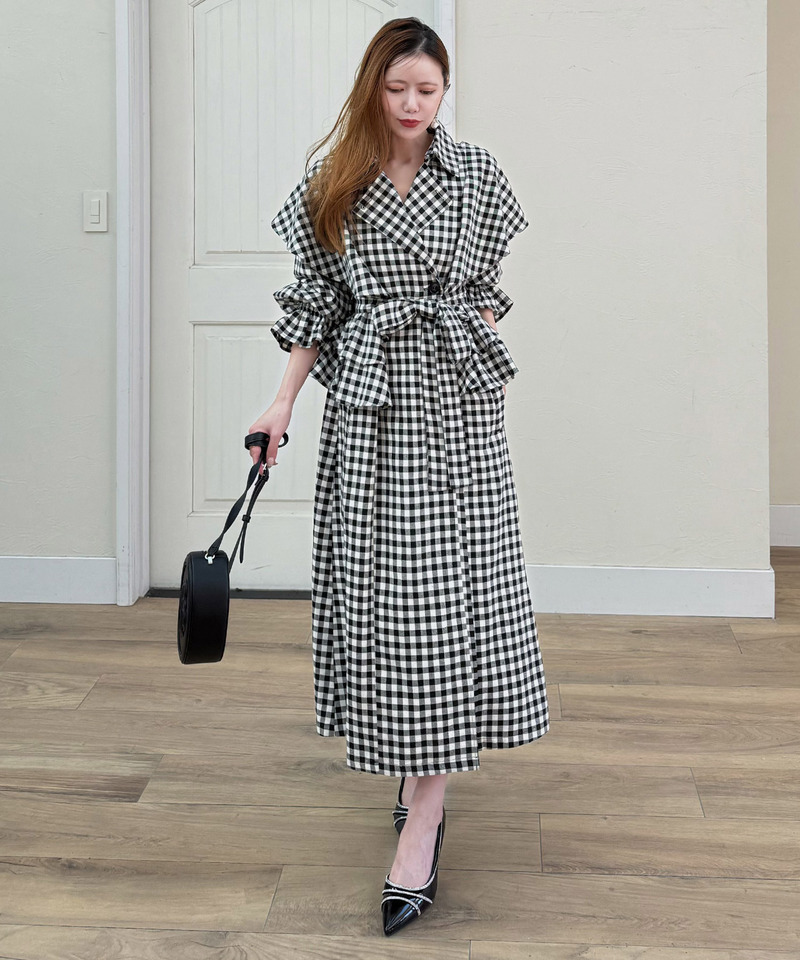 ギンガムチェックラッフルロングコート 詳細画像 ブラック 3