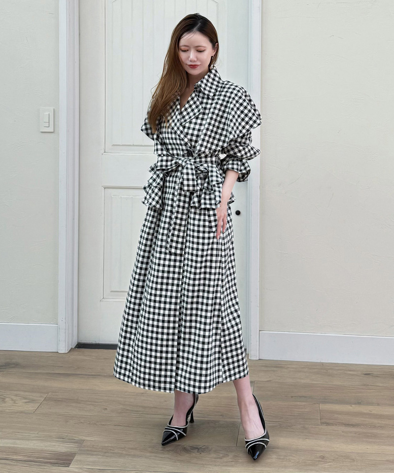 ギンガムチェックラッフルロングコート 詳細画像 ブラック 4