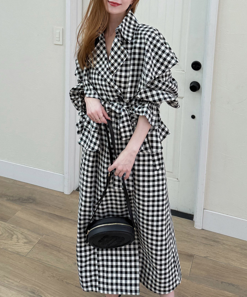 ギンガムチェックラッフルロングコート 詳細画像 ブラック 5