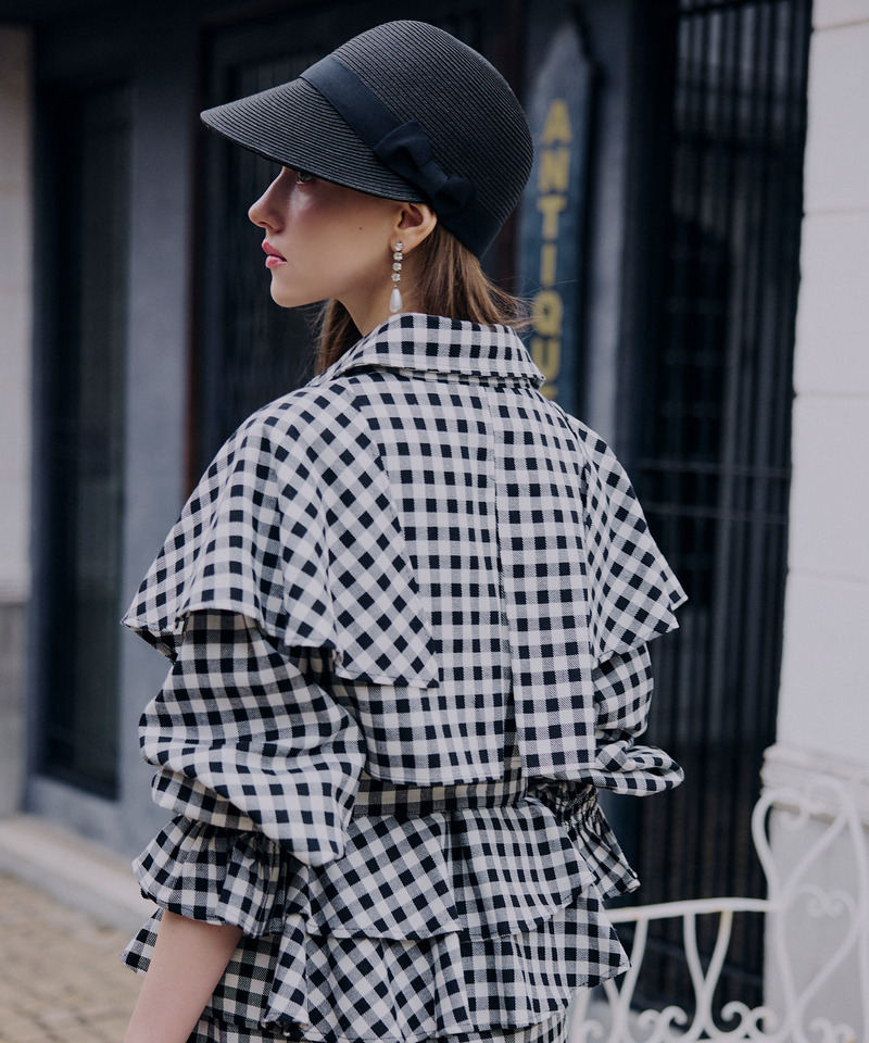 ギンガムチェックラッフルロングコート 詳細画像 ブラック 6