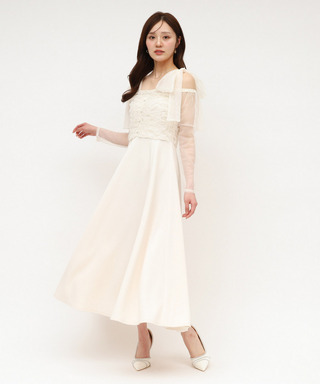 オフショルリボンチュールドッキングフレアワンピース