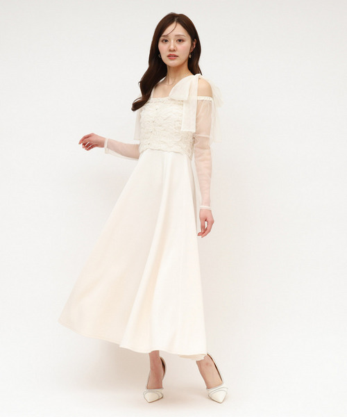 オフショルリボンチュールドッキングフレアワンピース 詳細画像