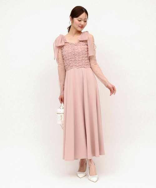 オフショルリボンチュールドッキングフレアワンピース 詳細画像