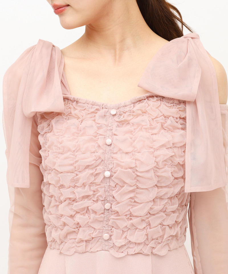 オフショルリボンチュールドッキングフレアワンピース 詳細画像 ピンク 4