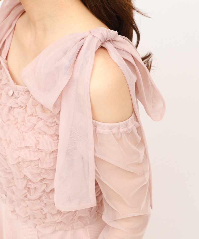 オフショルリボンチュールドッキングフレアワンピース 詳細画像 ピンク 5