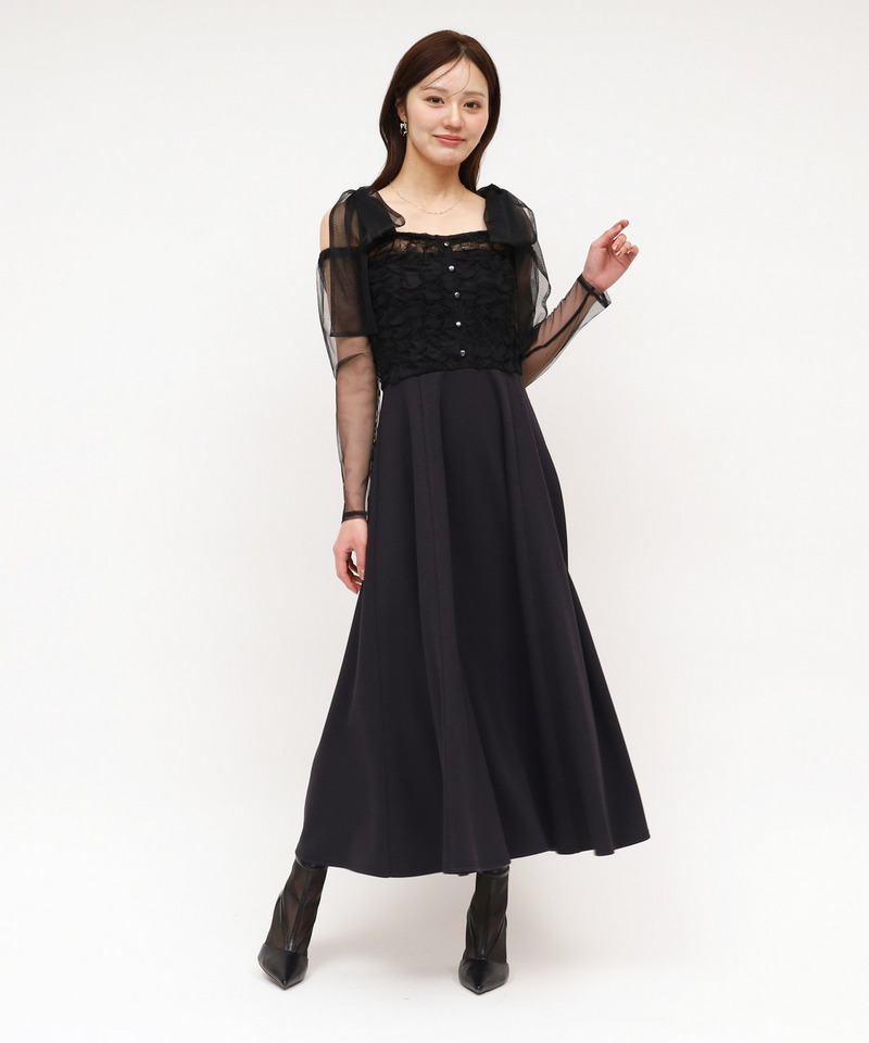 オフショルリボンチュールドッキングフレアワンピース 詳細画像 ブラック 1