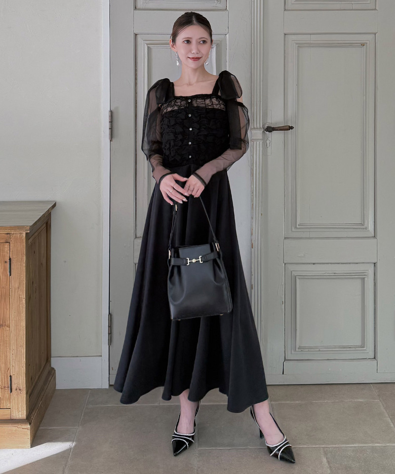 オフショルリボンチュールドッキングフレアワンピース 詳細画像 ブラック 2