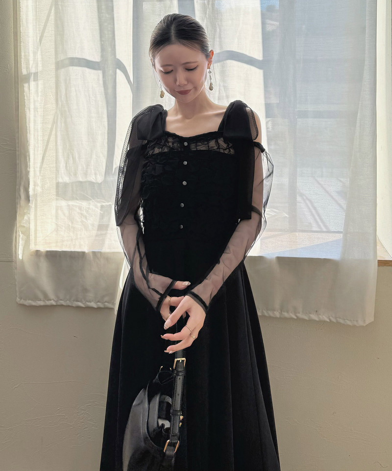 オフショルリボンチュールドッキングフレアワンピース 詳細画像 ブラック 3