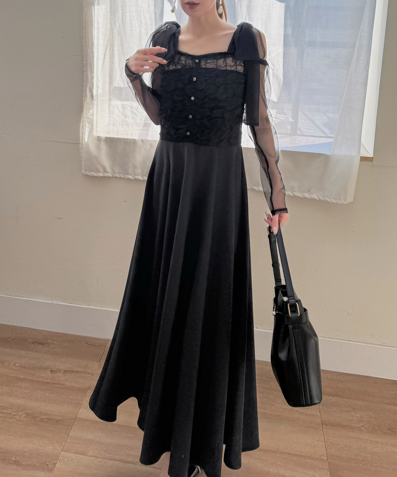 オフショルリボンチュールドッキングフレアワンピース 詳細画像 ブラック 4