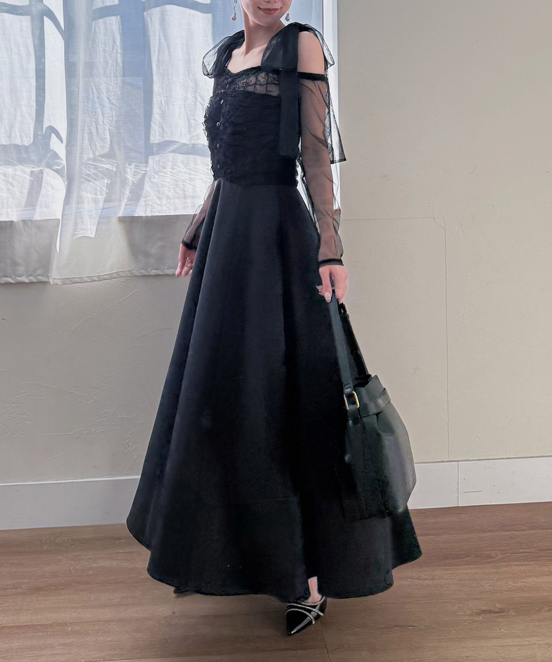 オフショルリボンチュールドッキングフレアワンピース 詳細画像 ブラック 5