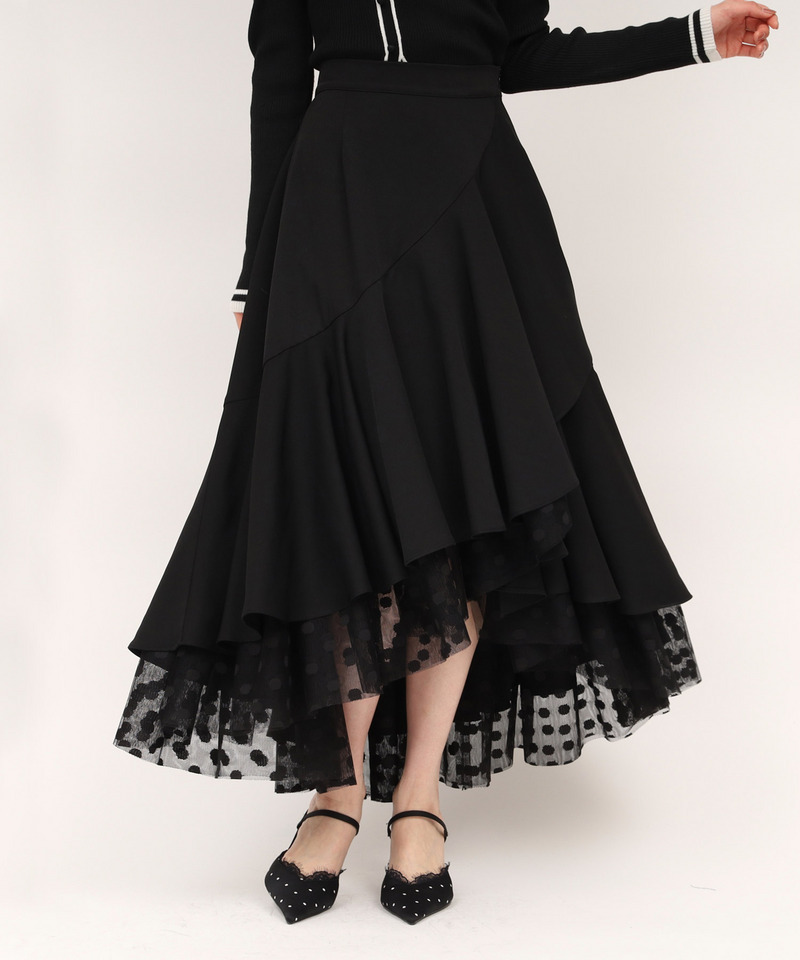ドットチュールラッフルフレアスカート 詳細画像 ブラック 1