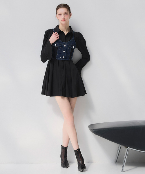 liberty デニムビスチェ&times;タックシャツミニワンピース 詳細画像