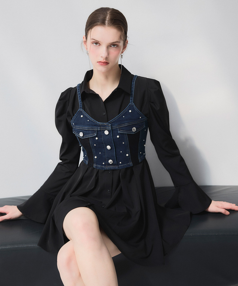 liberty デニムビスチェ&times;タックシャツミニワンピース 詳細画像 インディゴ 3