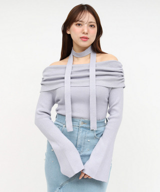 ストール付オフショルギャザーラメニットトップス