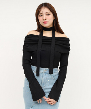 ストール付オフショルギャザーラメニットトップス