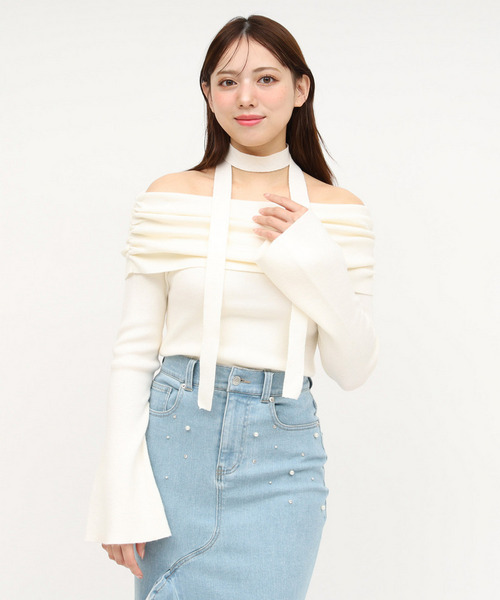 ストール付オフショルギャザーラメニットトップス 詳細画像