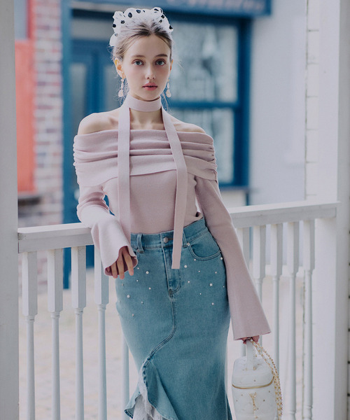 ストール付オフショルギャザーラメニットトップス 詳細画像