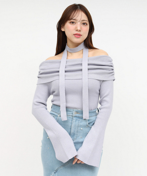 ストール付オフショルギャザーラメニットトップス 詳細画像