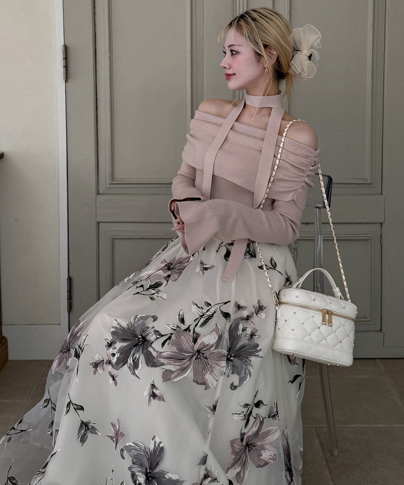 ストール付オフショルギャザーラメニットトップス 詳細画像 ピンク 10