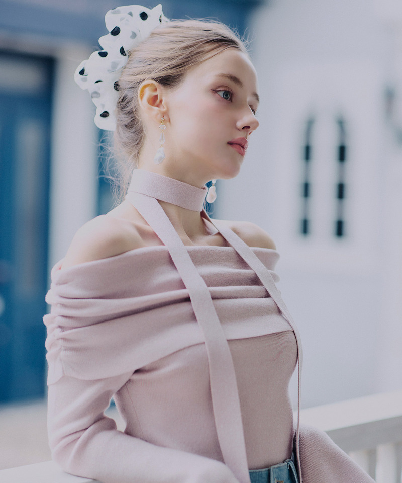 ストール付オフショルギャザーラメニットトップス 詳細画像 ピンク 13