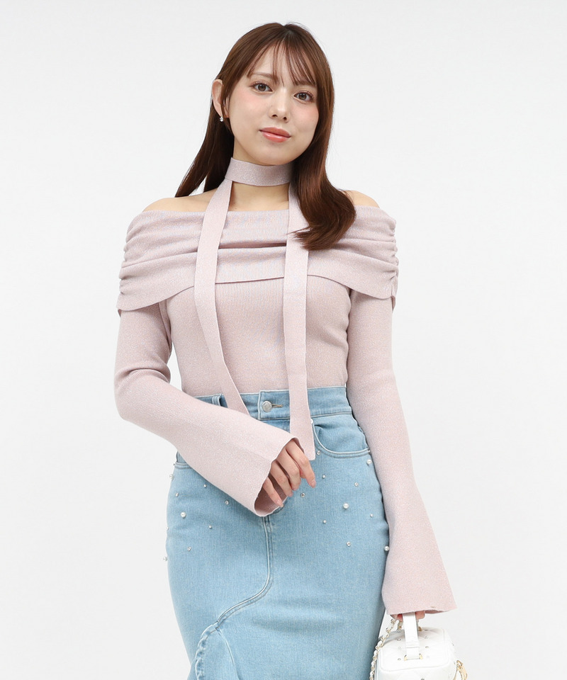 ストール付オフショルギャザーラメニットトップス 詳細画像 ピンク 2