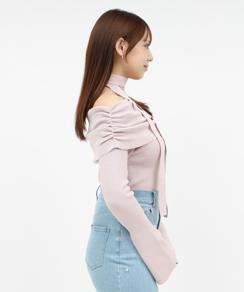 ストール付オフショルギャザーラメニットトップス 詳細画像 ピンク 3