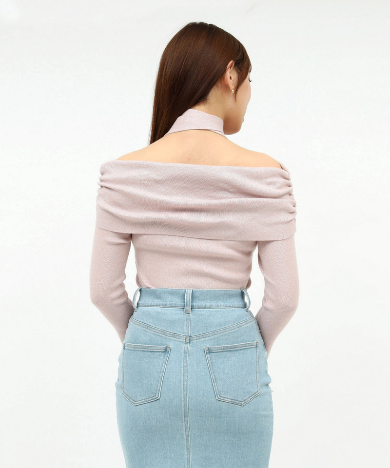 ストール付オフショルギャザーラメニットトップス 詳細画像 ピンク 4