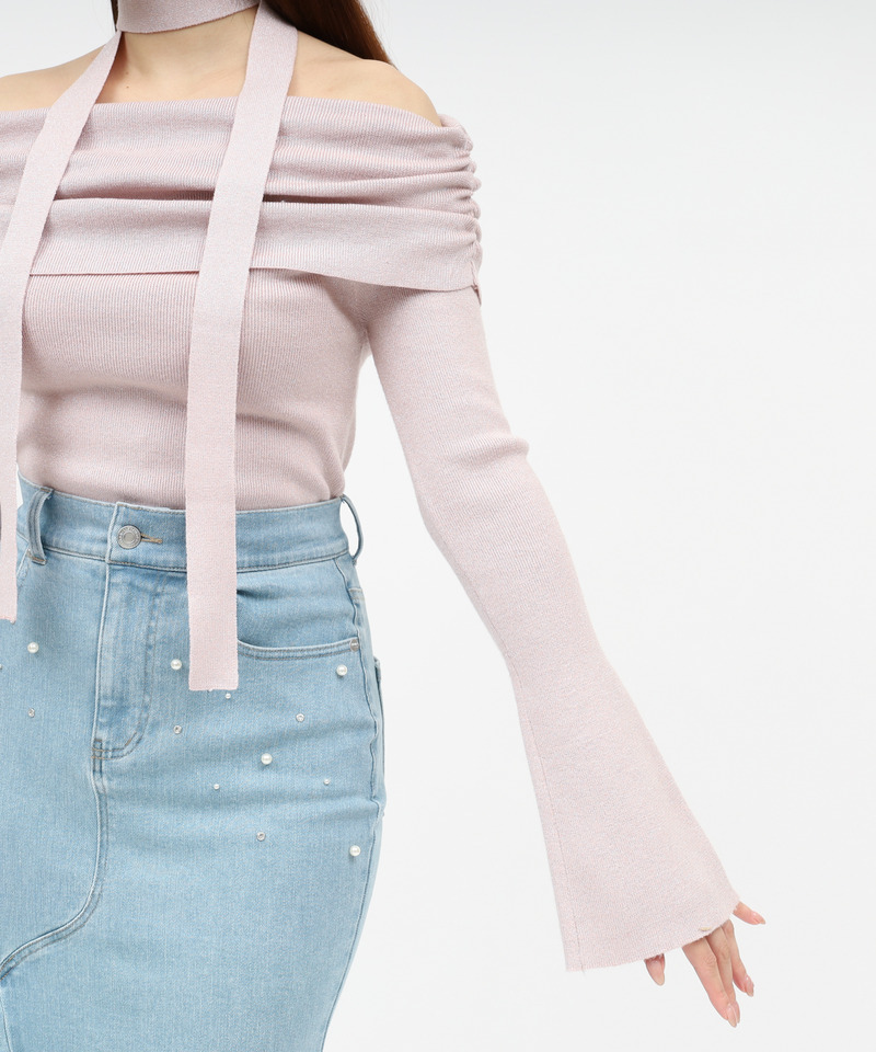 ストール付オフショルギャザーラメニットトップス 詳細画像 ピンク 6