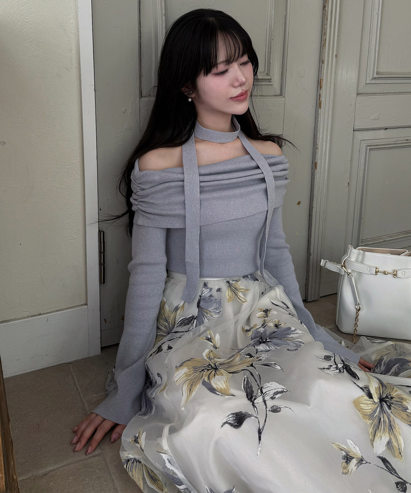 ストール付オフショルギャザーラメニットトップス 詳細画像 パープル 3