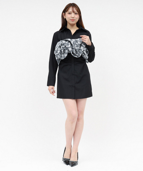 レースラッフルビスチェ&times;ギャザーシャツミニワンピース 詳細画像