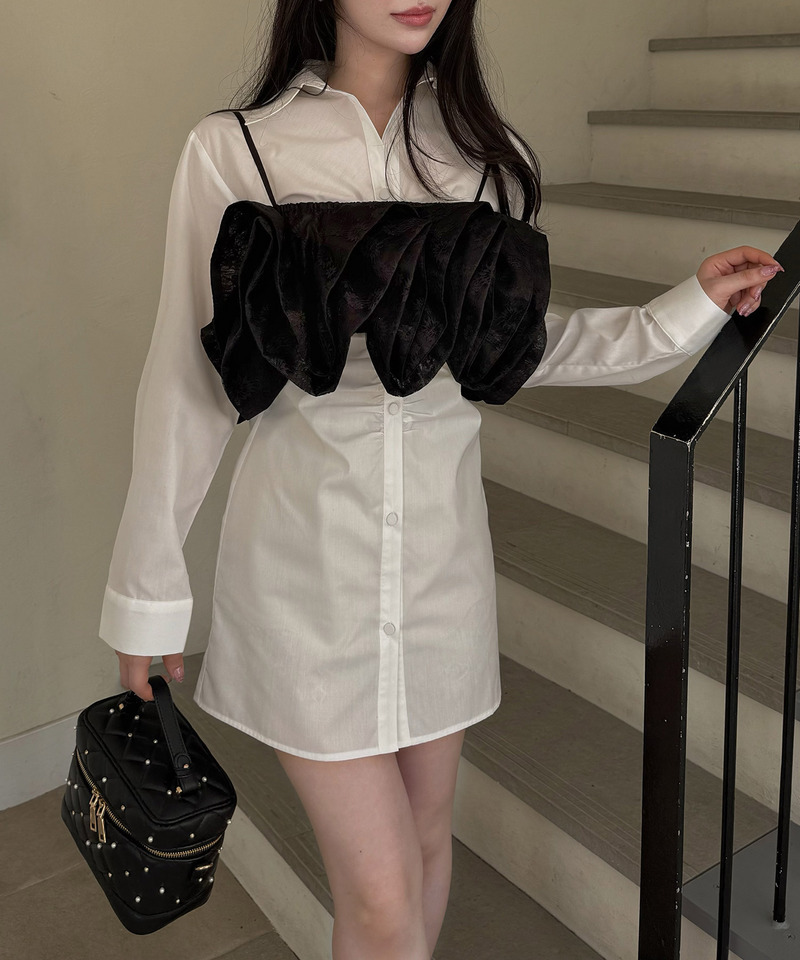 レースラッフルビスチェ&times;ギャザーシャツミニワンピース 詳細画像 オフホワイト 2