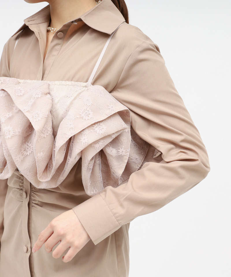 レースラッフルビスチェ&times;ギャザーシャツミニワンピース 詳細画像 ベージュ 6
