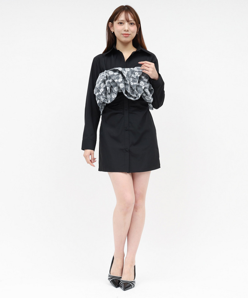 レースラッフルビスチェ&times;ギャザーシャツミニワンピース 詳細画像 ブラック 1