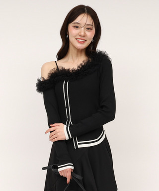 ワンショルチュール配色ニットトップス