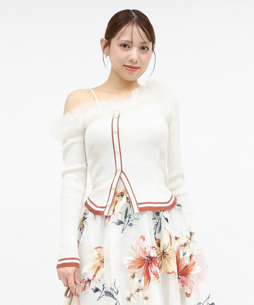 ワンショルチュール配色ニットトップス 詳細画像