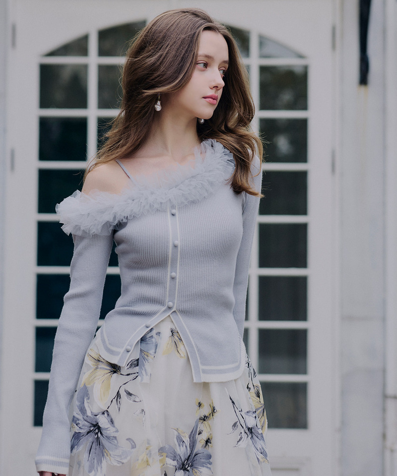 ワンショルチュール配色ニットトップス 詳細画像 ブルー 1