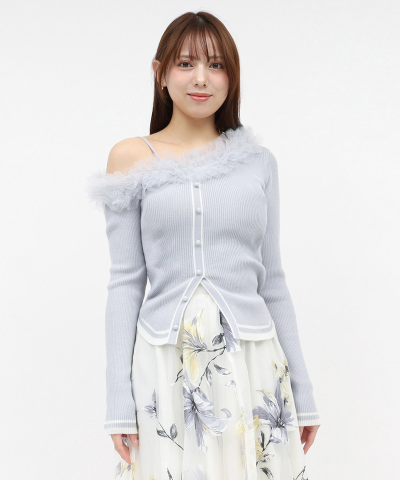 ワンショルチュール配色ニットトップス 詳細画像 ブルー 2