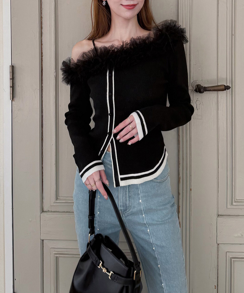 ワンショルチュール配色ニットトップス 詳細画像 ブラック 10