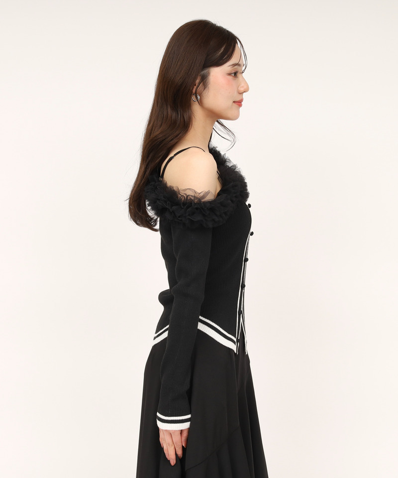 ワンショルチュール配色ニットトップス 詳細画像 ブラック 2