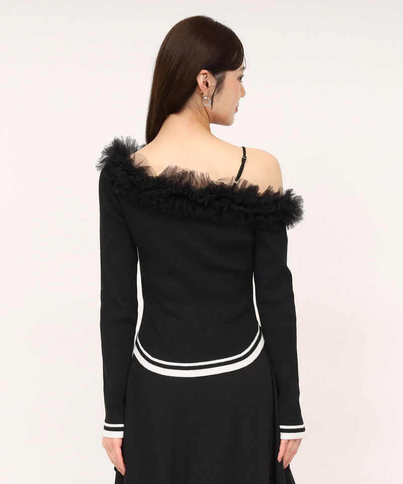 ワンショルチュール配色ニットトップス 詳細画像 ブラック 3