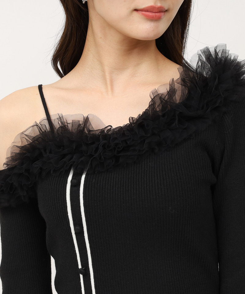 ワンショルチュール配色ニットトップス 詳細画像 ブラック 4