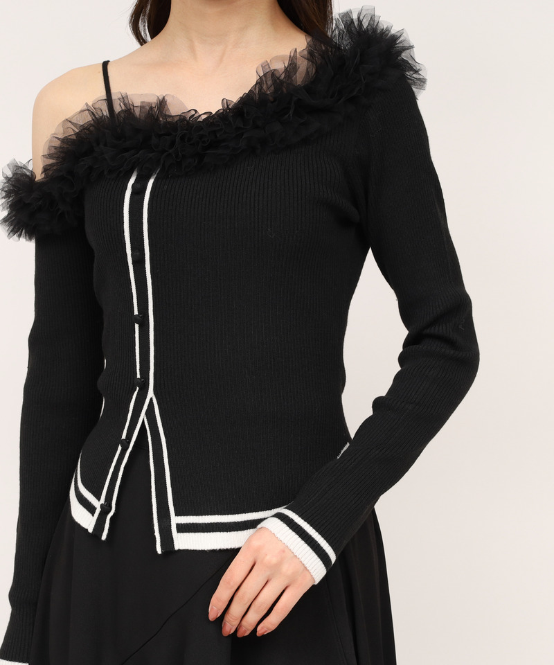 ワンショルチュール配色ニットトップス 詳細画像 ブラック 6