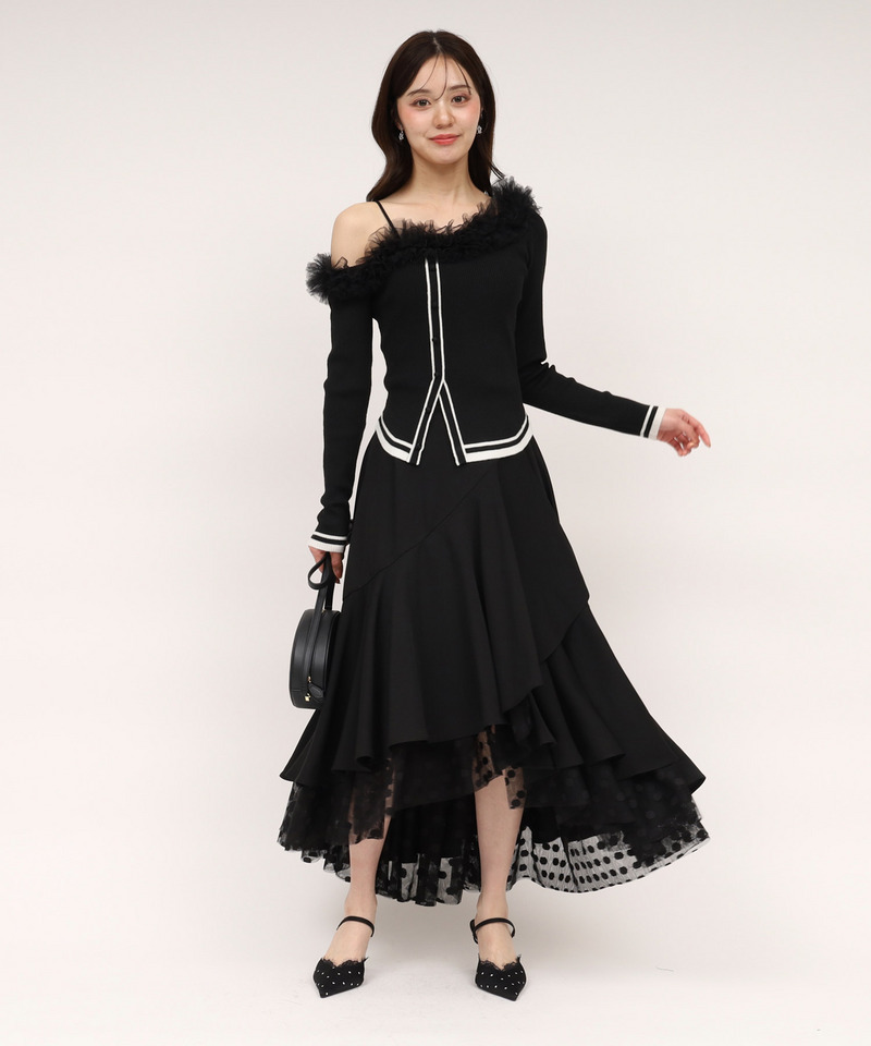 ワンショルチュール配色ニットトップス 詳細画像 ブラック 8