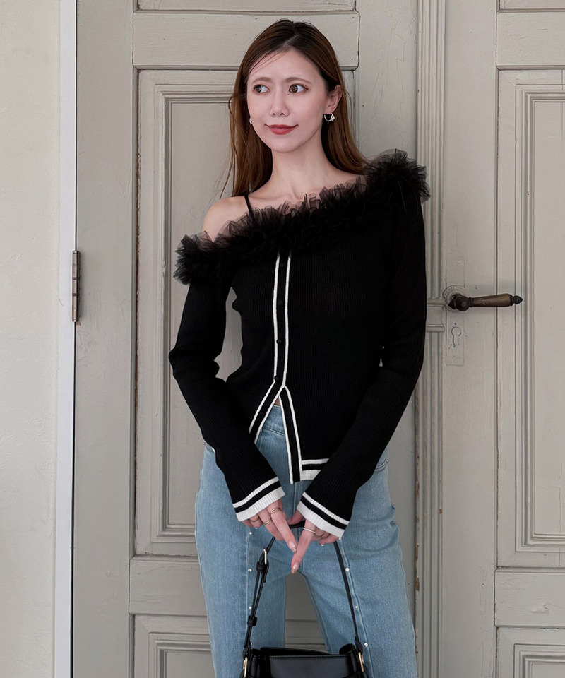 ワンショルチュール配色ニットトップス 詳細画像 ブラック 9