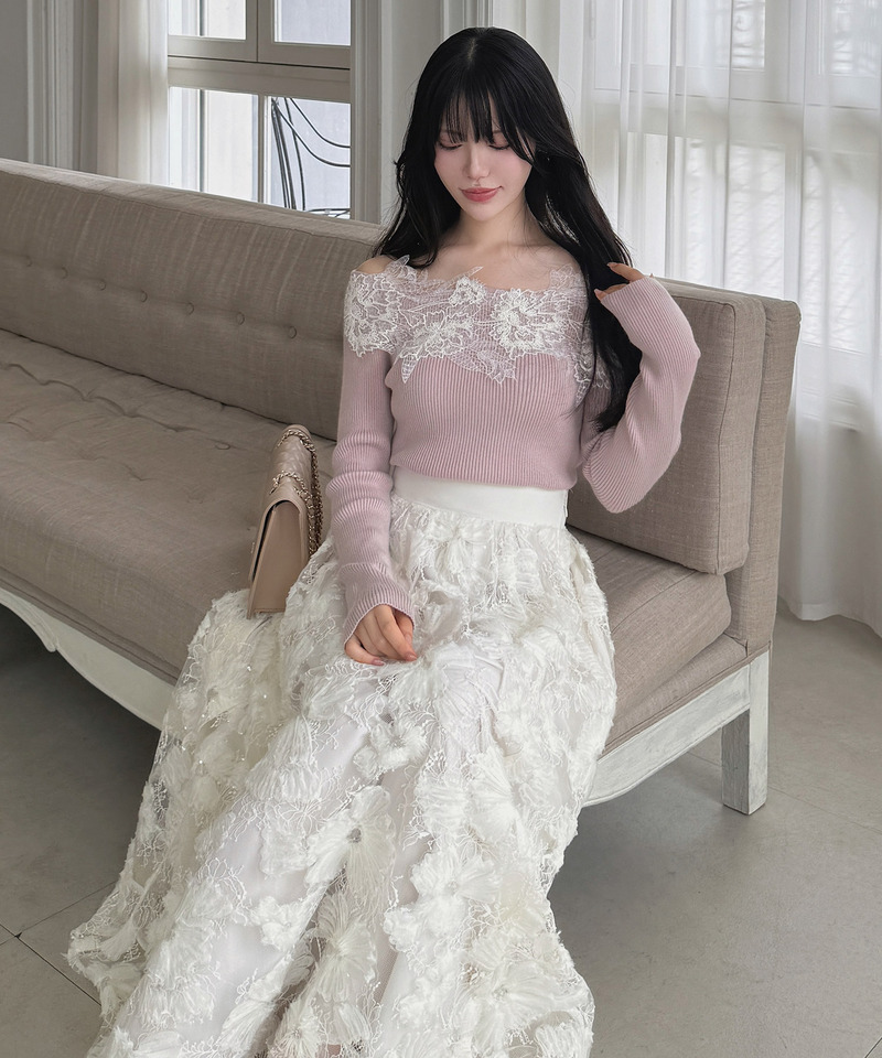 スパンコールレーストリムオフショルニットトップス 詳細画像 ピンク 1