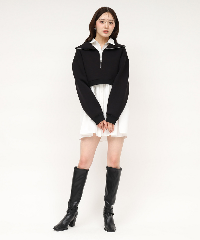 ハーフZIPレイヤードシャツミニワンピース 詳細画像 ブラック 1