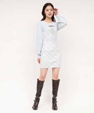 デコルテオープンチェックタイトニットミニワンピース