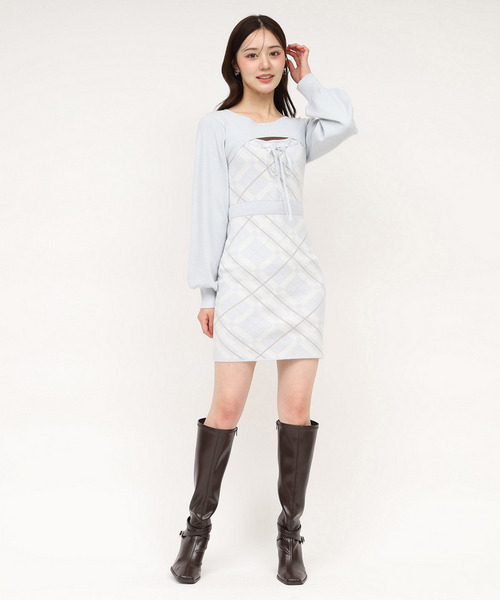 デコルテオープンチェックタイトニットミニワンピース 詳細画像