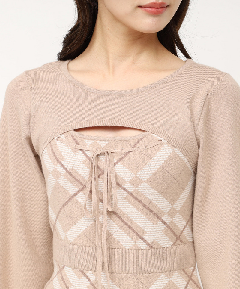 デコルテオープンチェックタイトニットミニワンピース 詳細画像 ベージュ 4