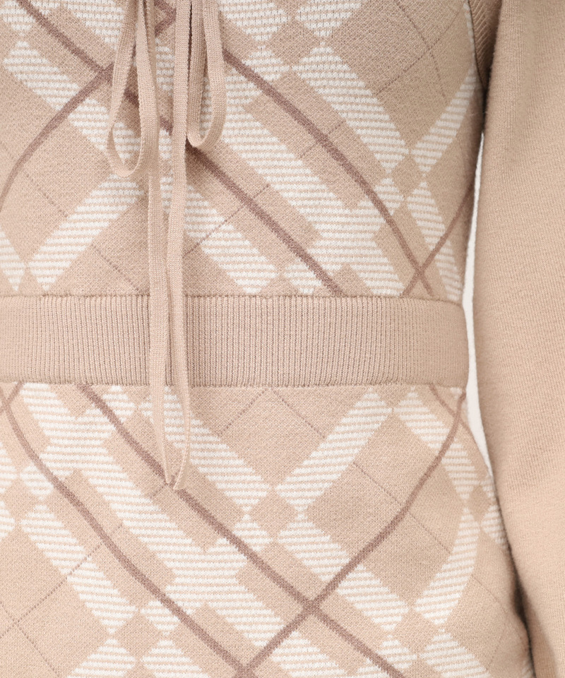 デコルテオープンチェックタイトニットミニワンピース 詳細画像 ベージュ 6